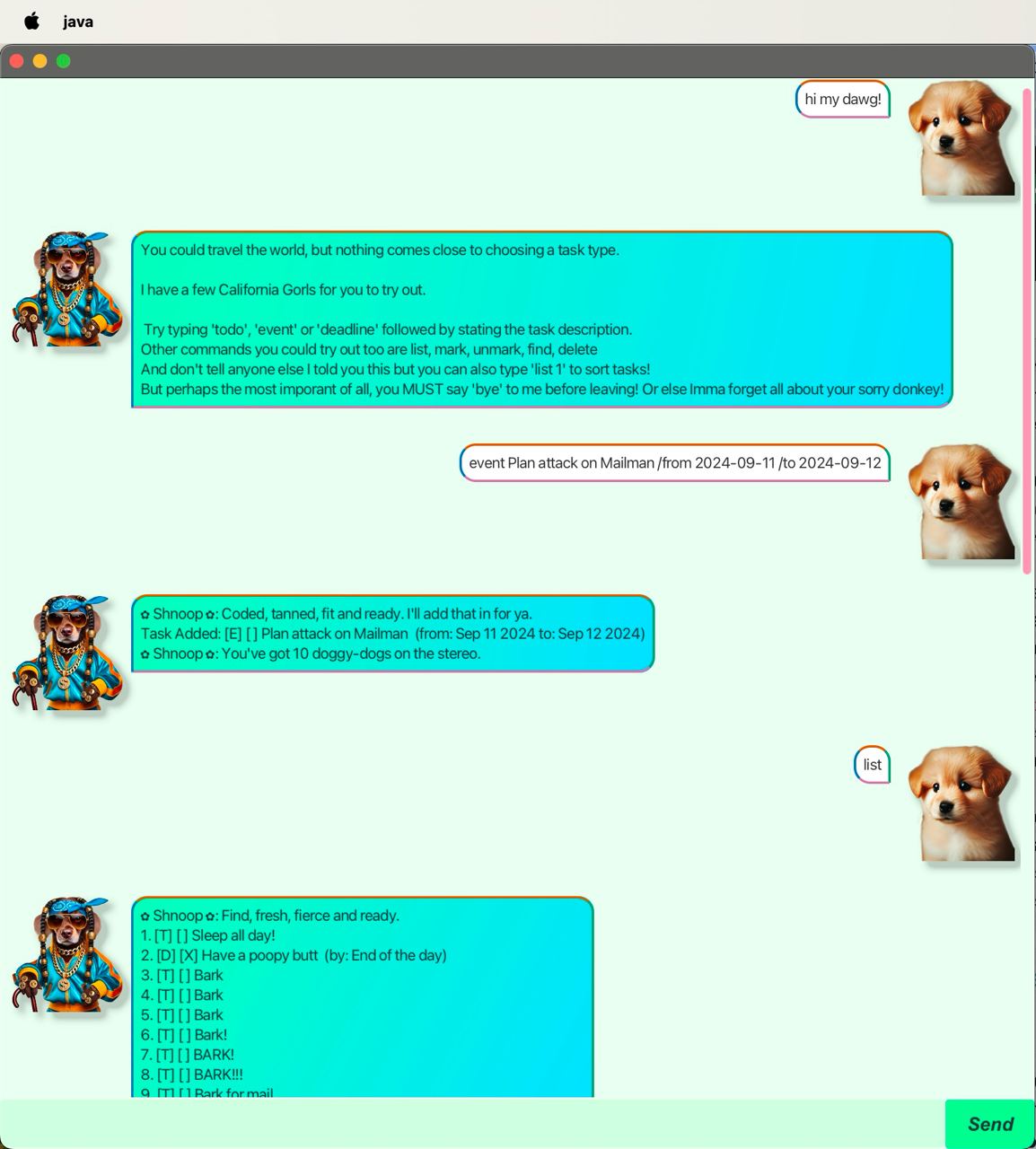 Screenshot of an application ChatBot showing two dogs conversing in English